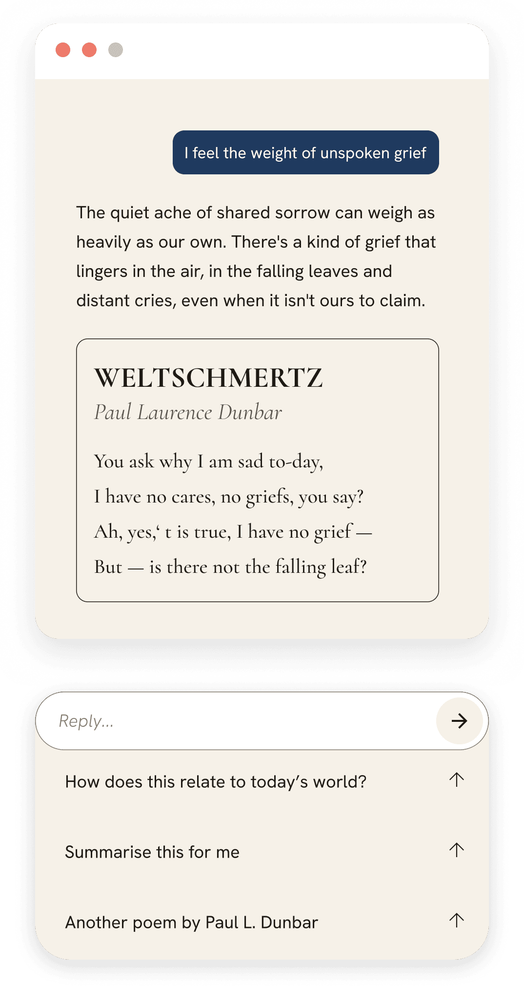 A chat: a reader describes a feeling and Poetry Cove answers with a poem.